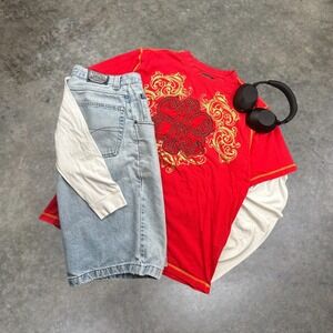 Vintage Coogi T-Shirt XXL Red Gold Foil Embroidered Baggy Y2K Streetwear 505